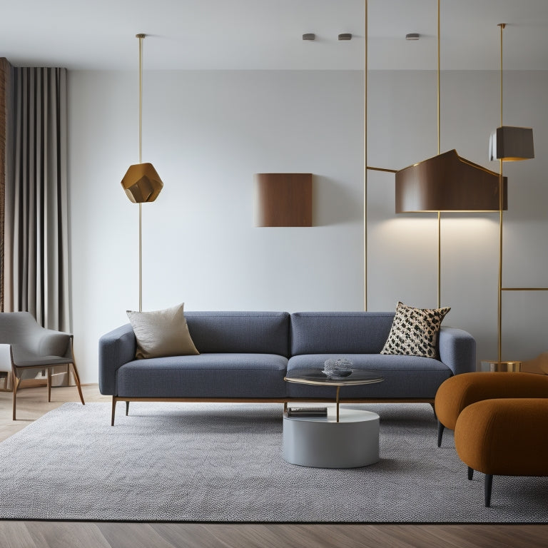 A minimalist living room with a modular sofa, a geometric-patterned rug, and a floor lamp with a sculptural shade, surrounded by movable walls and interchangeable decorative panels.