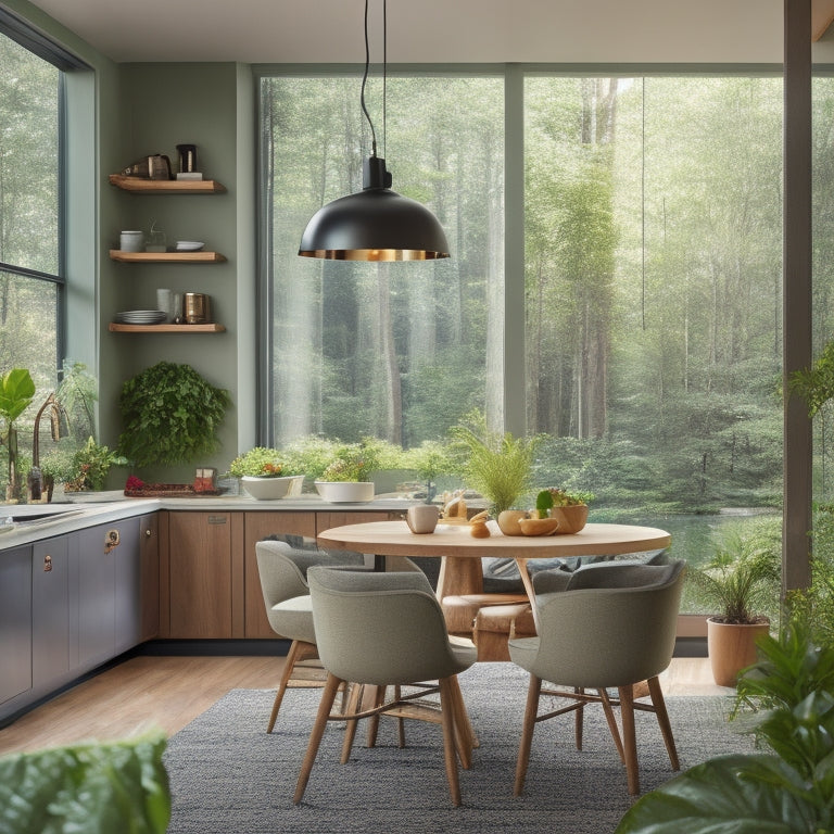 A modern kitchen featuring a built-in breakfast nook island with curved seating, wooden accents, and pendant lights, surrounded by a backdrop of large windows and lush greenery.