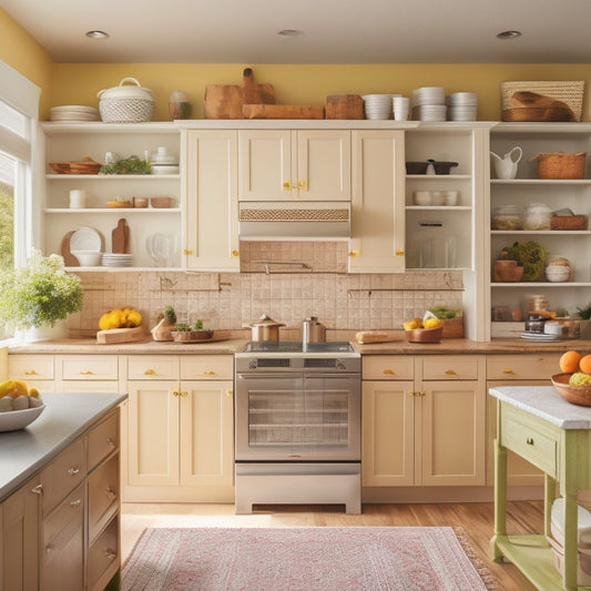 A clutter-free kitchen with a large island, built-in appliances, and a pegboard on the wall, featuring a mix of open shelving and cabinets in a warm, neutral color scheme.