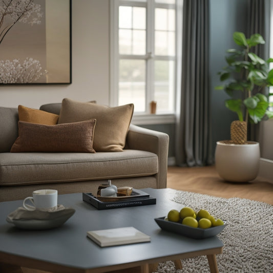 A serene, minimalist living room with a few, carefully placed decorative items, a clutter-free coffee table, and a laptop open to a home organization software on the screen.