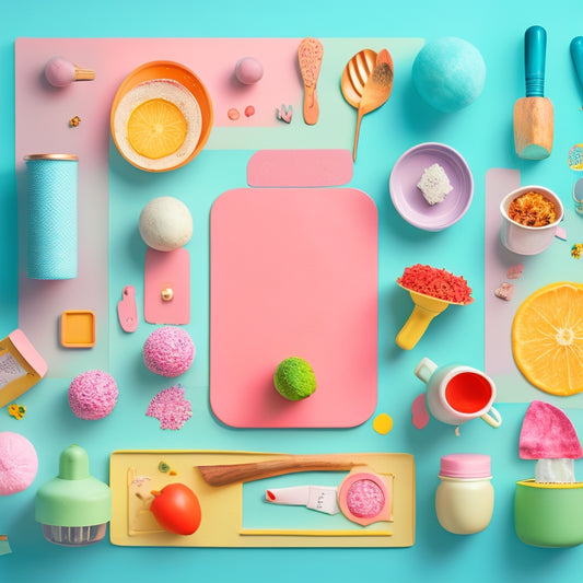 A whimsical, pastel-colored background adorned with scattered food items, surrounded by playful, hand-drawn illustrations of utensils, plates, and chef hats, with various packaging templates in different shapes and sizes.
