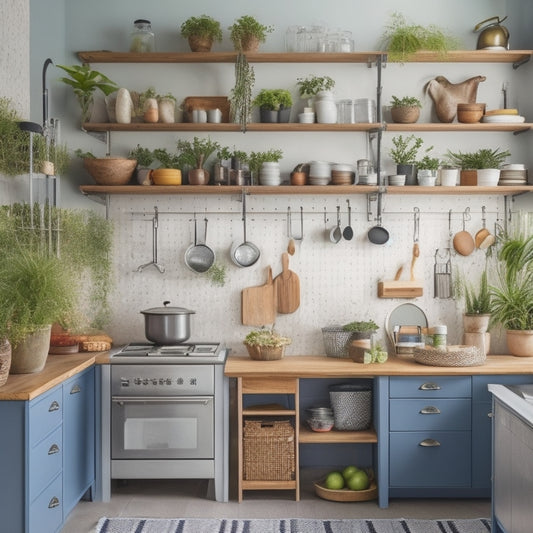 A clutter-free kitchen with a mix of open shelves, pull-out cabinets, and a pegboard on a wall, showcasing utensils and cookware, with a small desk area in the corner, surrounded by plants.