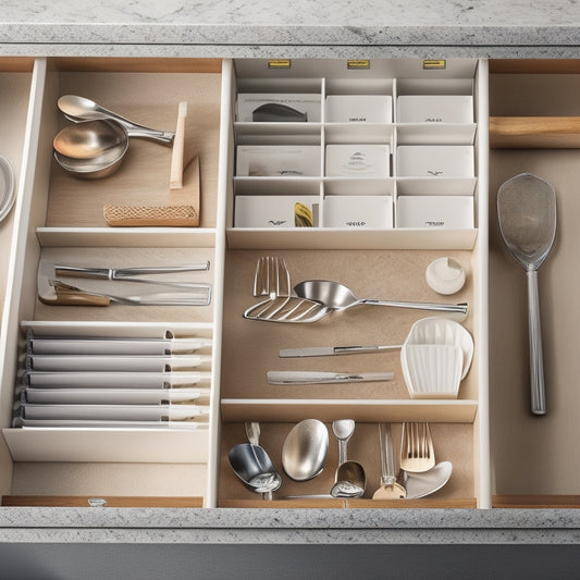 A serene kitchen drawer with divided compartments, utensils standing upright in labeled slots, and a utensil organizer tray holding a tidy arrangement of kitchen gadgets, against a soft, creamy background.