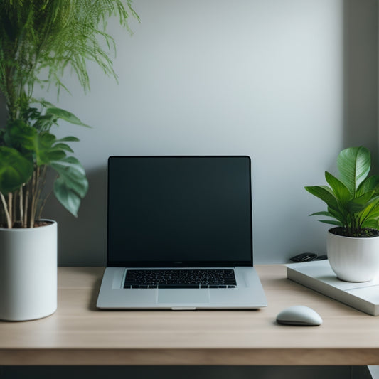 A serene, minimalist desktop with a single, sleek laptop, a few neatly organized folders, and a calming green plant, set against a blurred background of a tidy, modern workspace.