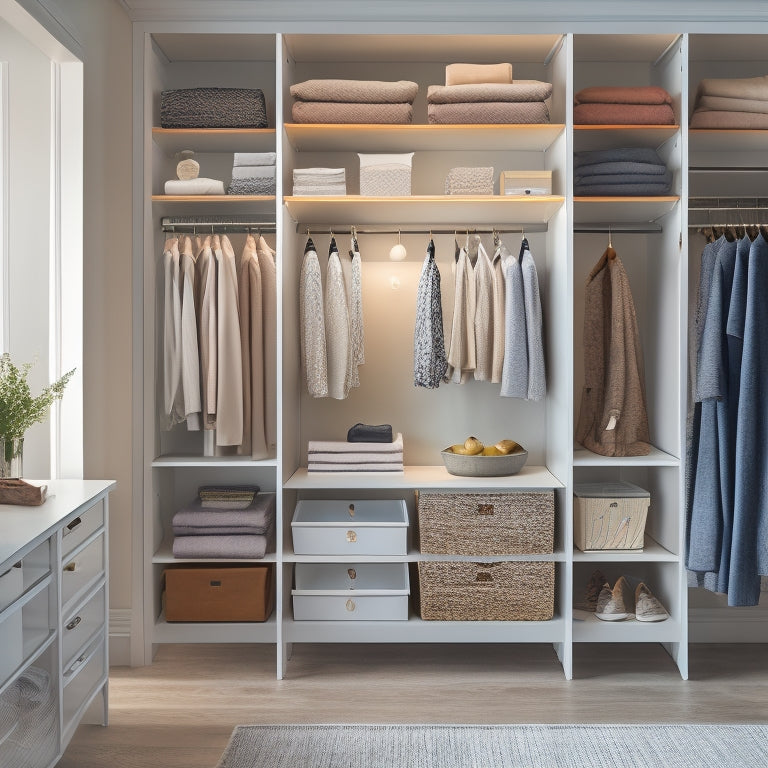 A serene, organized closet with soft, warm lighting, featuring a mix of open shelves, closed cabinets, and hanging rods, with a few stylish outfits and accessories neatly arranged.