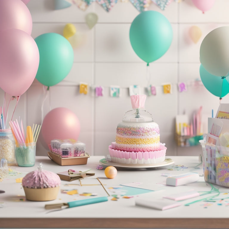 A whimsical, pastel-colored illustration of a crafty workspace, featuring a wooden desk cluttered with balloons, streamers, glitter, and confetti, surrounded by half-finished DIY party decorations and creative supplies.