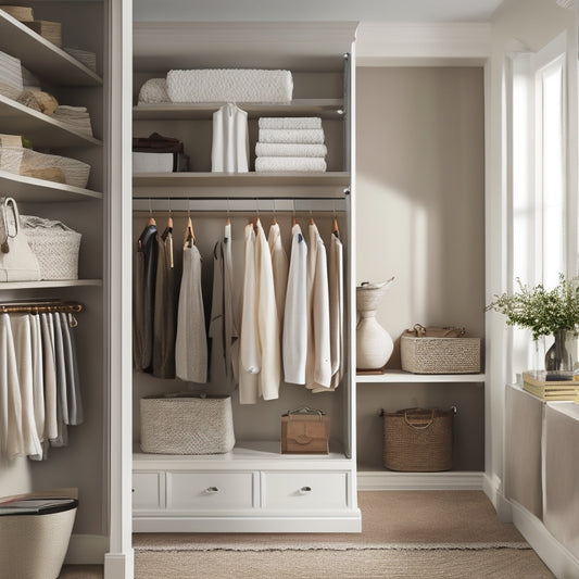 A serene, well-lit walk-in closet with cream-colored walls, dark wood shelves, and sleek silver rods, featuring a mix of hanging garments, folded items on shelves, and accessories on decorative hooks.