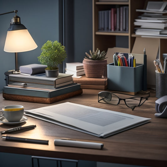 A tidy desk with a laptop, a few neatly labeled folders, a small pile of organized papers, and a single pen standing upright in a pen holder, surrounded by a subtle background of calm colors.