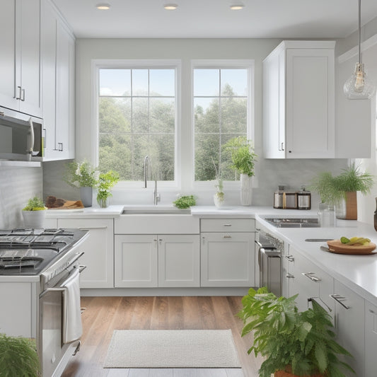 A small, sleek kitchen with white cabinets, quartz countertops, and stainless steel appliances, featuring a galley layout, pendant lights, and a large window with a greenery-filled exterior view.