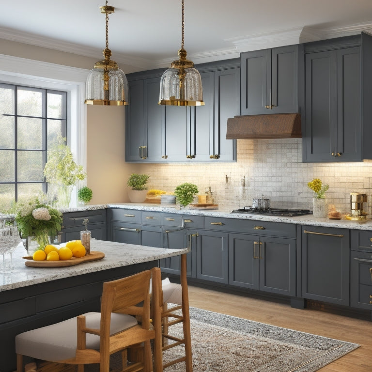 A bright, modern kitchen with varied cabinets: glass-fronted upper units, soft-close drawers, and a built-in wine rack alongside a spacious countertops with a farmhouse sink, pendant lights, and a few decorative vases.