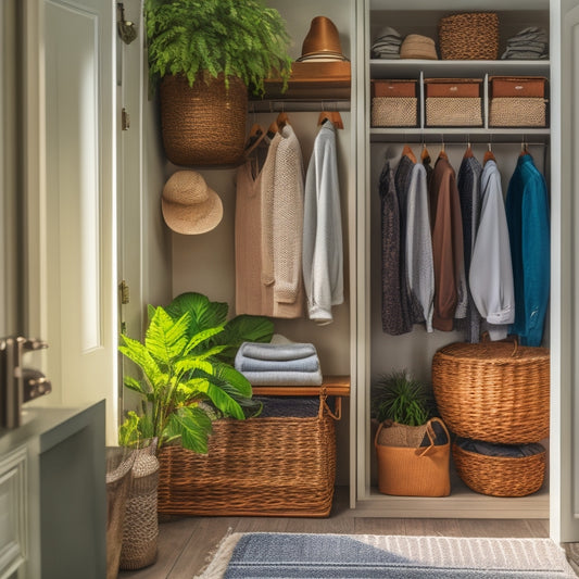 A serene, well-lit closet interior with neatly organized clothing items, sorted by season, on wooden shelves and in wicker baskets, surrounded by lush greenery and a few decorative vases.