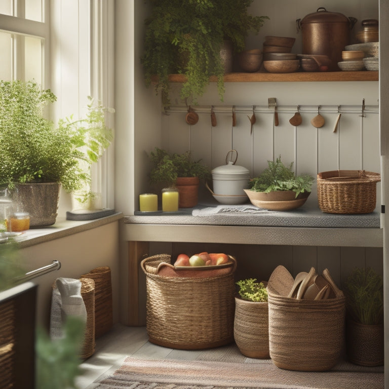 A warm and inviting kitchen nook with a neatly organized cooking station, featuring a wooden utensil holder, a few well-placed cookbooks, and a woven basket filled with fresh herbs.