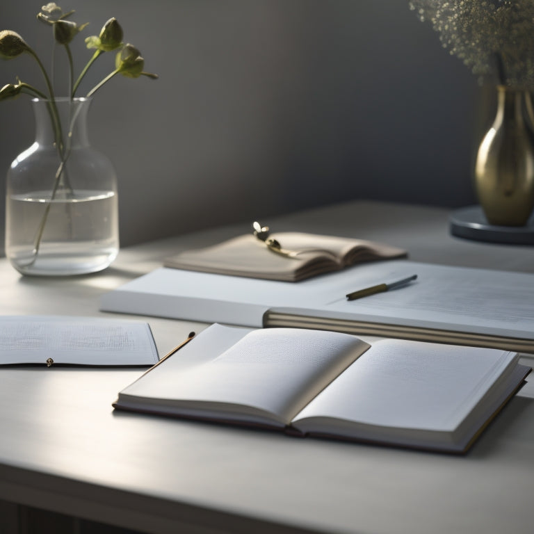 A serene, minimalist workspace with a few, carefully arranged objects: a tidy notebook, a single, blooming flower, and a delicate, golden hourglass, surrounded by a subtle, calming mist.