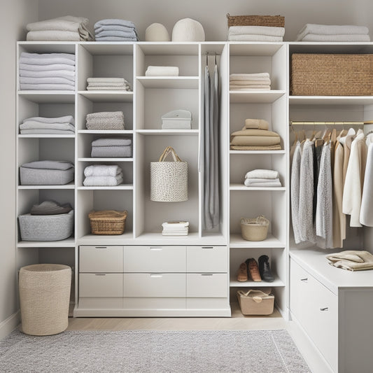 A serene, minimalist closet with neatly folded clothes stacked in a geometric pattern on shelves, surrounded by empty space, and a few decorative baskets and bins in the background.