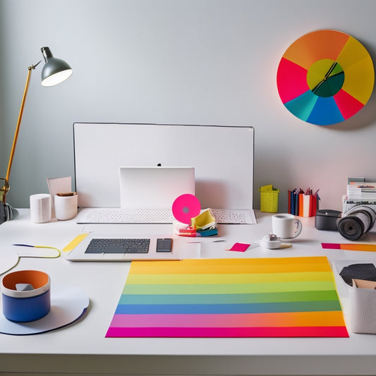 A tidy, minimalist workspace featuring a vinyl cutting mat, a laptop, and a collection of neatly arranged vinyl rolls in rainbow colors, with a few cut-out shapes and designs scattered around.