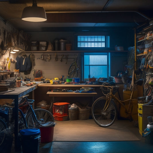 A dimly lit garage with cluttered shelves, scattered tools, and a messy workbench, surrounded by cobwebs, with a few bicycles and storage bins strewn about, and a single, faint lightbulb hanging from the ceiling.
