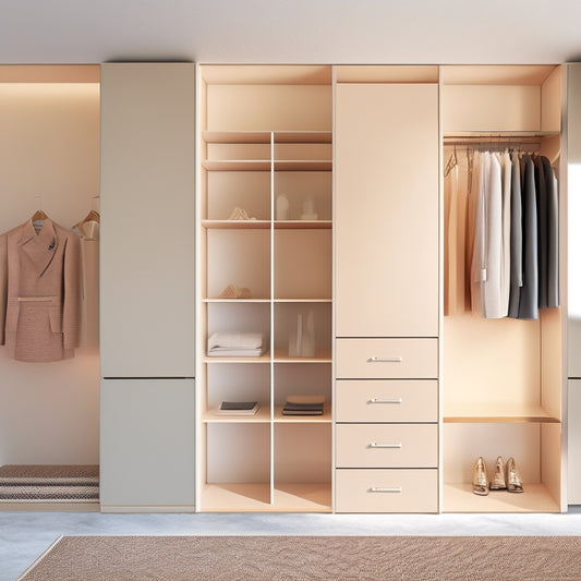 A minimalist, modern closet interior with sliding glass doors, showcasing a compact, floor-to-ceiling storage system with built-in shelves, drawers, and hanging rods, set against a soft, creamy white background.