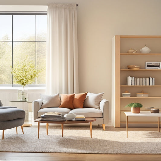 A serene, minimalist living room with a sleek, low-profile storage ottoman, a tidy bookshelf, and a few, carefully-placed decorative pieces, surrounded by soft, natural light.