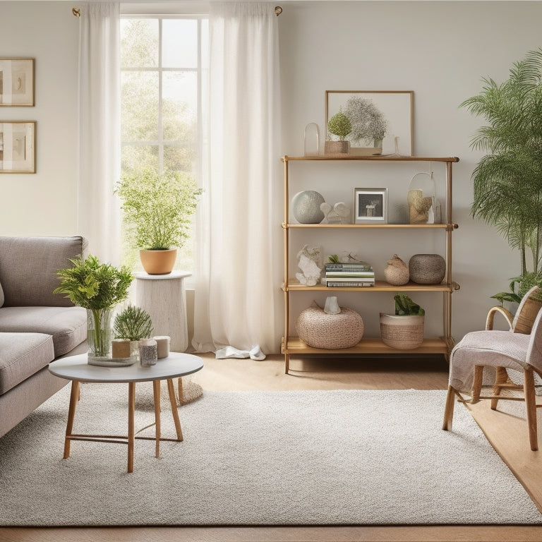 A bright, airy living room with a sleek, minimalist shelving unit, a label-maker on a nearby console table, and a few neatly rolled up rugs in the corner, surrounded by calm, natural light.