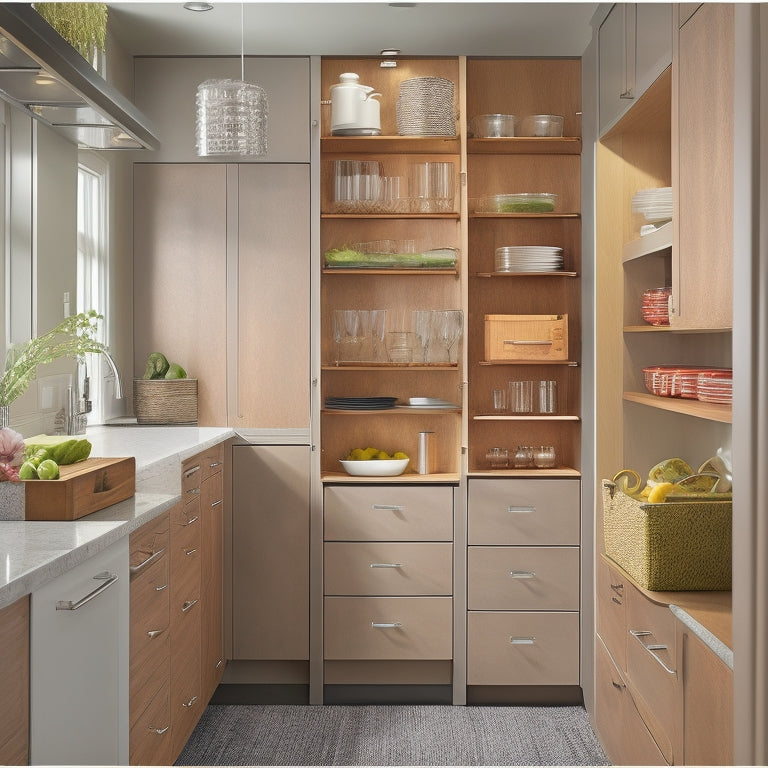 A tidy, modern kitchen with cabinets featuring retractable spice racks, slide-out trash cans, and fold-down shelves, showcasing clever storage solutions and maximizing vertical space.