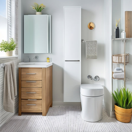 A minimalist bathroom with a wall-mounted sink, a compact toilet, and a corner shower, featuring a woven basket on a shelf, a hanging shower caddy, and a pedestal storage unit under the sink.