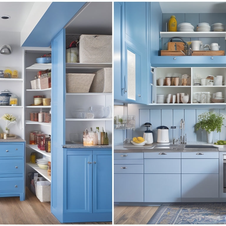 A bright, modern kitchen with a wall of floor-to-ceiling cabinets, a slide-out pantry, and a pull-down attic storage unit, showcasing clever storage solutions and hidden compartments.