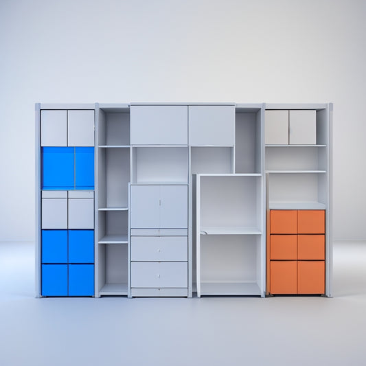 A 3D rendering of a modular, futuristic IKEA Pax system with interchangeable doors, shelves, and drawers in various colors, textures, and materials, set against a minimalist white background.