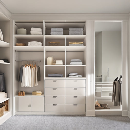 A tidy, walk-in closet with a minimalist aesthetic, featuring floor-to-ceiling shelves, double rods, and stackable bins in a soothing white and gray color scheme, illuminated by soft, warm lighting.