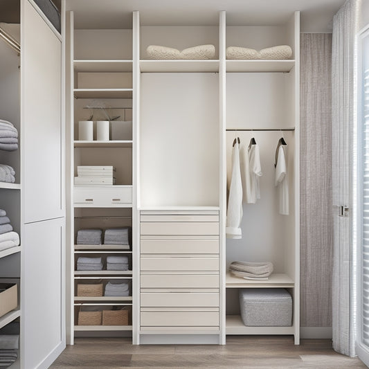 A modern, sleek closet interior with floor-to-ceiling shelves, adjustable rods, and pull-out drawers in a calming white and wood tone color scheme, surrounded by minimalist decorative accents.