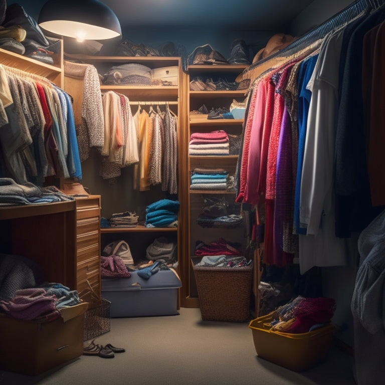 A cluttered closet with scattered clothes, shoes, and accessories, dimly lit with a single, faint lightbulb, and a few garments spilling out onto the floor, surrounded by chaotic storage bins and forgotten items.