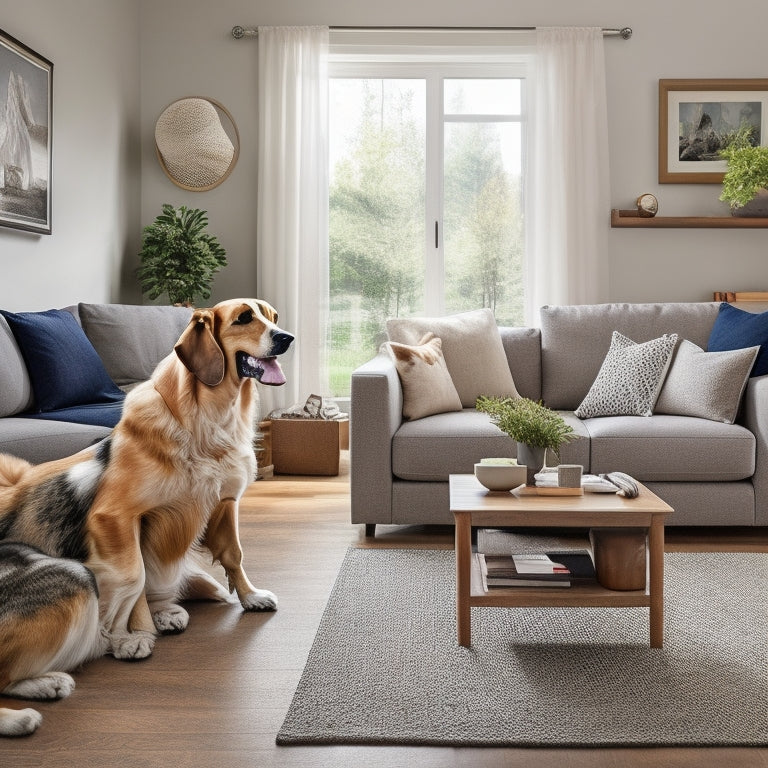 A clutter-free living room with a happy dog and cat playing together, surrounded by organized pet supplies, a tidy coffee table, and a smartphone displaying a pet-friendly home management app interface in the background.