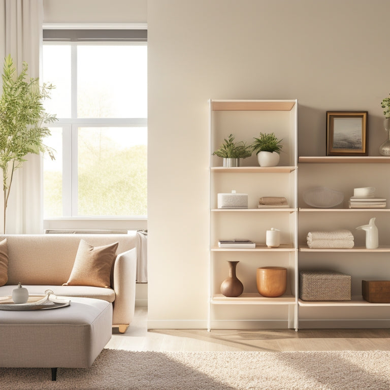 A serene, modern living room with a minimalist aesthetic, featuring a sleek shelving unit, tidy storage bins, and a few, carefully placed decorative objects, bathed in warm, natural light.