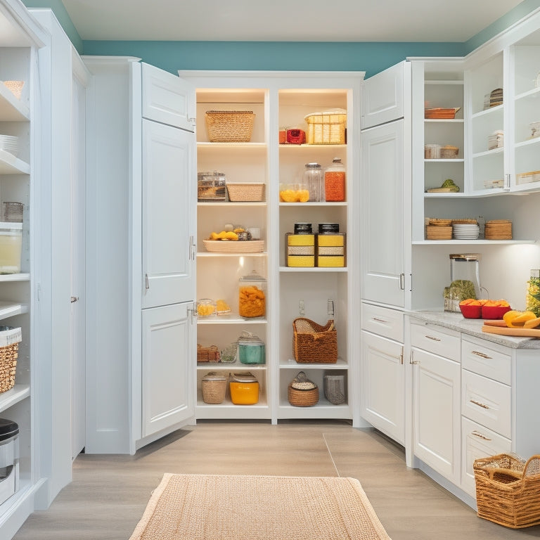 A bright, modern kitchen with sleek white cabinets, featuring a floor-to-ceiling pantry with adjustable shelves, baskets, and bins, showcasing organized food storage and a utensil organizer on the back of the door.