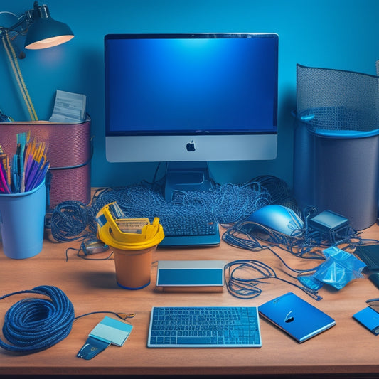 A cluttered desktop with tangled cords, a overflowing trash can, and a computer with a bursting hard drive, contrasted with a tidy and organized digital space with a minimalistic background and a few neatly arranged files.