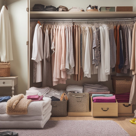 A cluttered closet with clothes scattered on the floor, tangled on hangers, and spilling out of drawers, beside a clean and organized closet with neatly arranged garments and a calendar in the background.