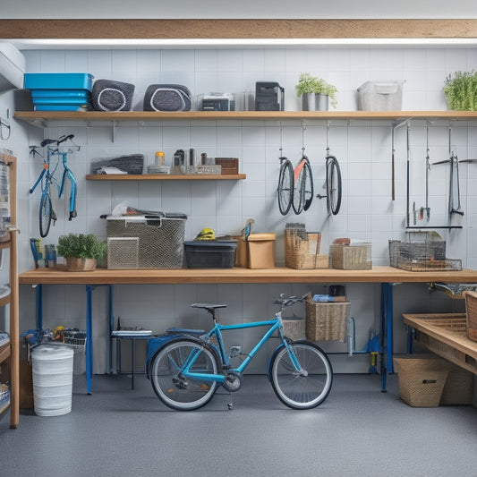 A tidy, well-organized garage with shelved storage bins, labeled baskets, and a pegboard with hanging tools, surrounded by a few neatly parked bicycles and a minimalist workbench.