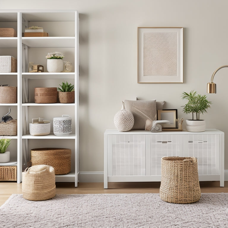 A serene, organized living room with a minimalist aesthetic, featuring a sleek, white shelving unit with labeled baskets, a woven storage ottoman, and a few, carefully placed, decorative objects.