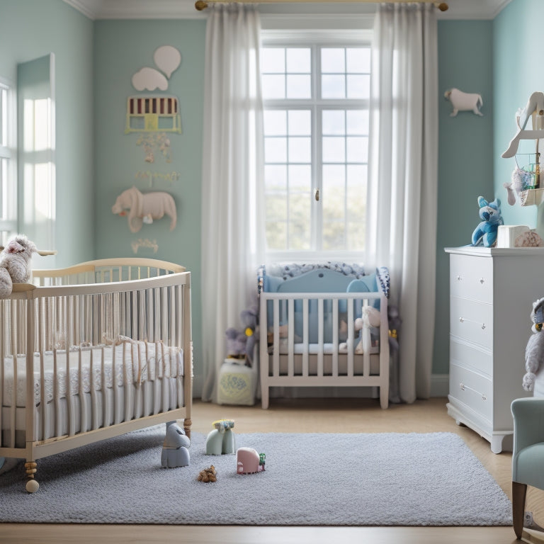 A serene and organized nursery with a crib, mobile, and toys, surrounded by soft pastel colors and natural light, with a gentle, blurred background of a prepared living room.