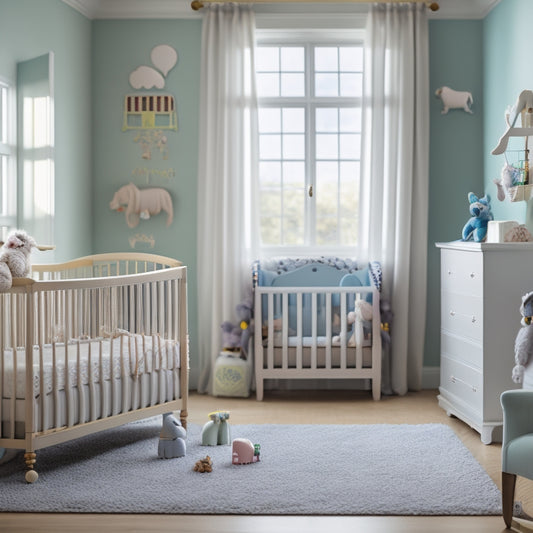 A serene and organized nursery with a crib, mobile, and toys, surrounded by soft pastel colors and natural light, with a gentle, blurred background of a prepared living room.