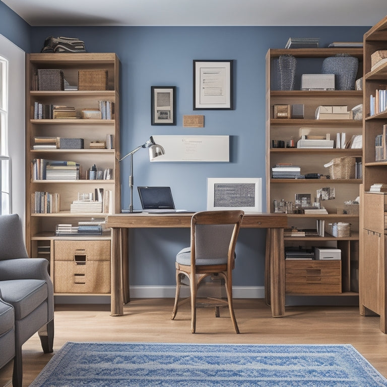 A tidy home office with a wooden desk, ergonomic chair, and a floor-to-ceiling shelving unit filled with labeled storage bins, baskets, and a few framed motivational quotes on the walls.