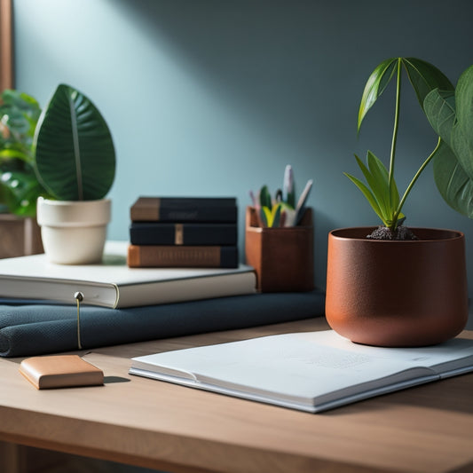 A tidy, minimalist desk with a wooden planner organizer, holding multiple colorful planners and journals, surrounded by a few well-placed decorative plants and a small, elegant lamp.