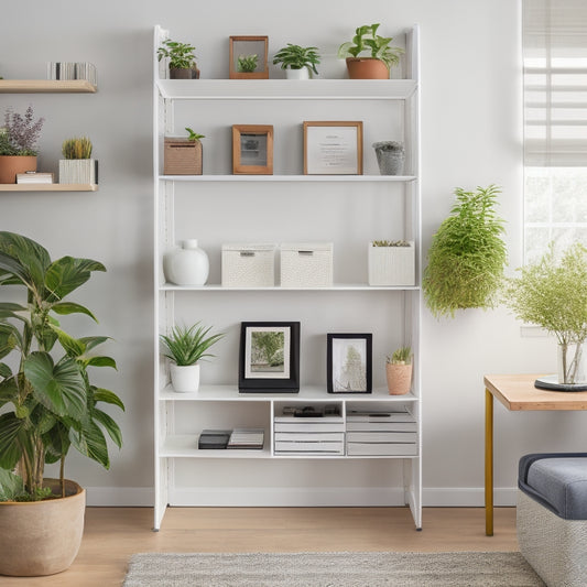 A clutter-free home office with a sleek, white DIY shelving unit against a light-gray wall, holding a few neatly organized binders, a small potted plant, and a laptop on a lower shelf.