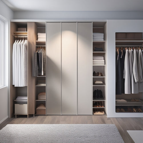 A minimalist closet interior with a sleek, floor-to-ceiling digital screen displaying a virtual closet organizer, surrounded by a few, neatly hung outfits and organized shelves with minimalist storage bins.