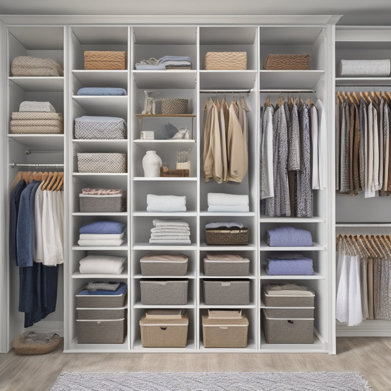 A neatly organized walk-in closet with a double rod system, featuring two parallel rods at different heights, surrounded by shelves, baskets, and drawers, with a few garments and accessories neatly arranged.