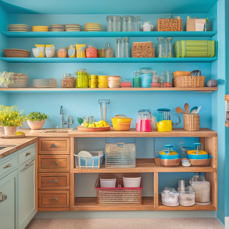 A bright, organized kitchen with a mix of open shelving, cabinets, and drawers, showcasing a utensil organizer, spice rack, and baskets filled with colorful kitchen essentials.