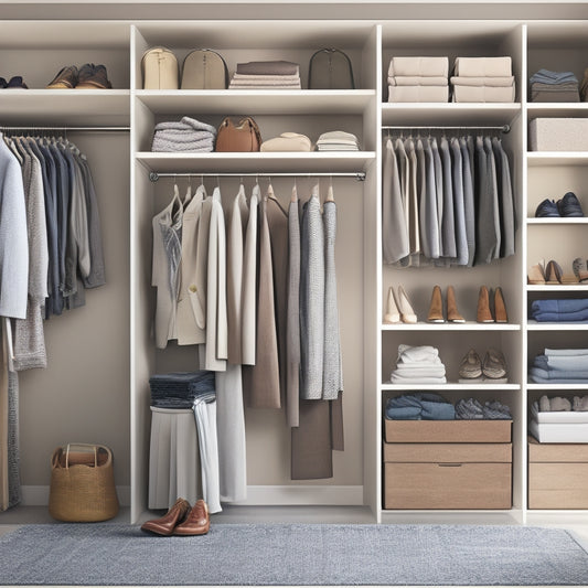 A tidy closet with stacked, rectangular storage bins in neutral tones, holding neatly folded clothes, alongside a few hanging garments, and a few pairs of shoes lined up on a shelf.