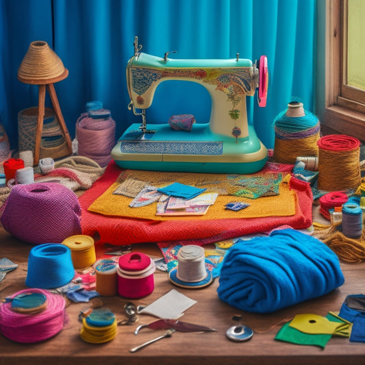 A colorful, clutter-free workspace with a vintage sewing machine, scattered fabric scraps, and unfolded sewing patterns of various garments, surrounded by threads, buttons, and scissors in a harmonious mess.