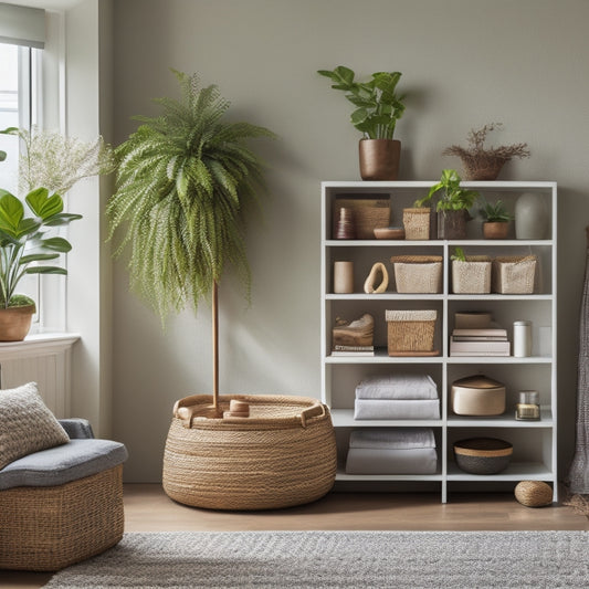 A serene, minimalist room with a few carefully placed decorative items, featuring a stylish storage ottoman, woven baskets, and a wall-mounted shelf with neatly arranged books and plants.