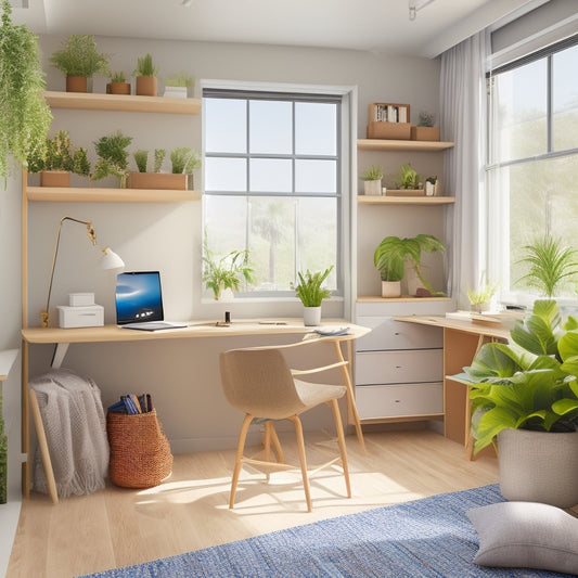 A clutter-free dorm room with a lofted bed, storage cubes, and a desk with a built-in shelf, surrounded by a few decorative plants and a minimalist color scheme.