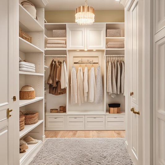 A serene, bright walk-in closet with creamy white walls, rich wood flooring, and a statement light fixture, featuring a custom-designed shelving system with neatly organized clothing and accessories.